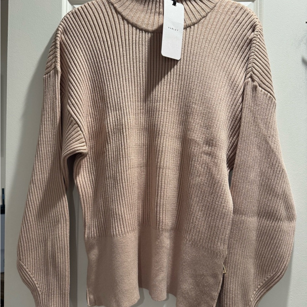 Varley Beige Ribbed Cowl Neck Sweater